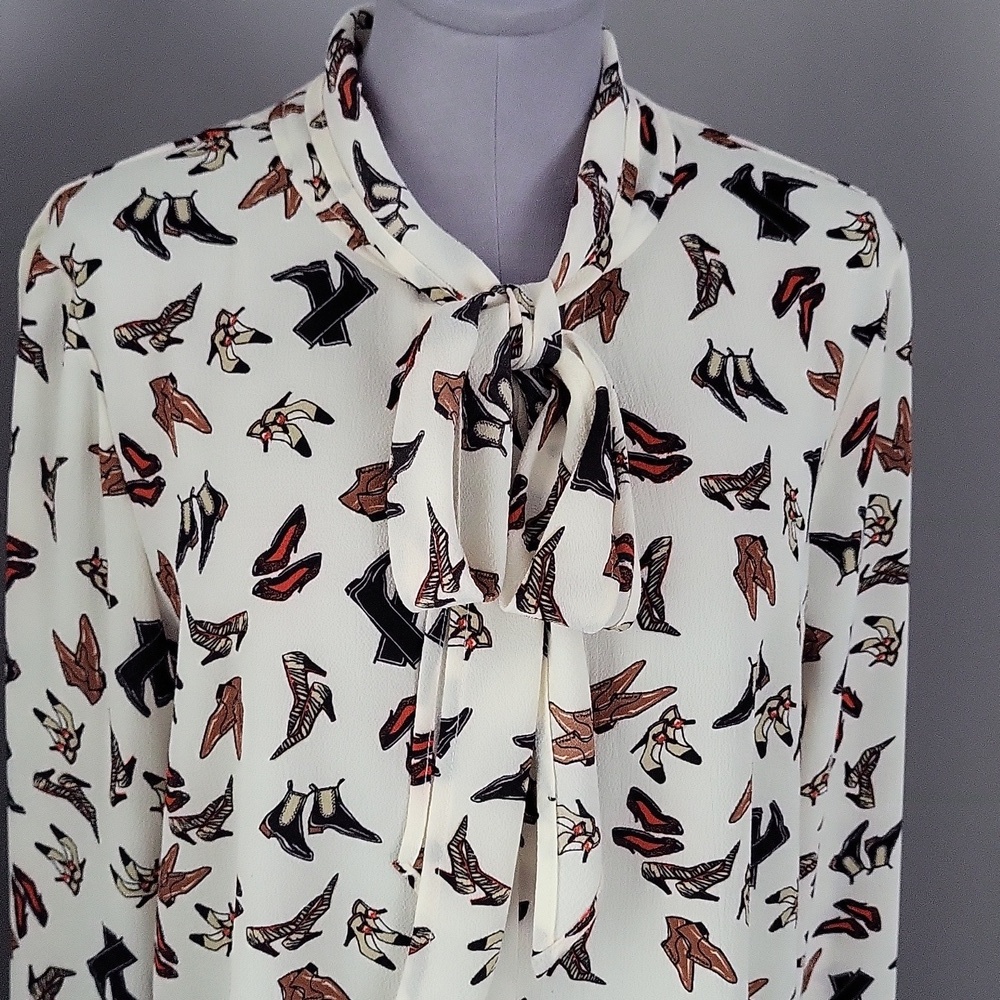 Vintage Cartise Shoe Print Tie Neck Bow Blouse Gold Rectangle Buttons